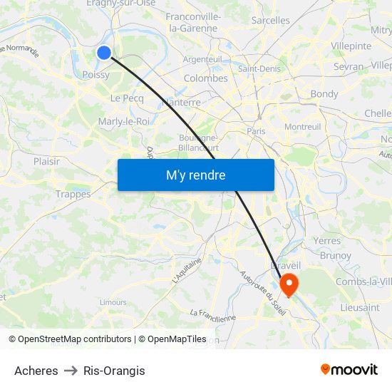 Acheres to Ris-Orangis map