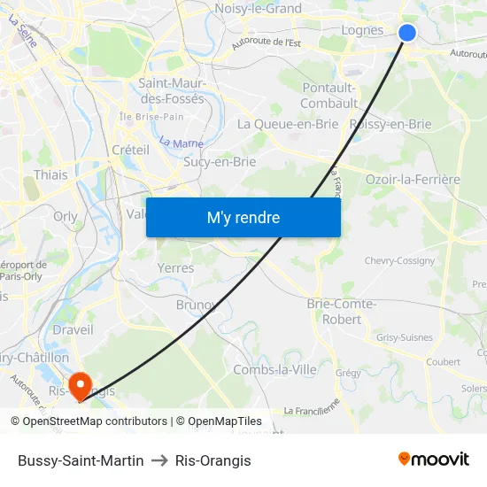 Bussy-Saint-Martin to Ris-Orangis map