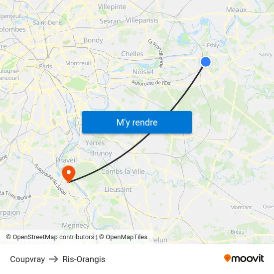 Coupvray to Ris-Orangis map