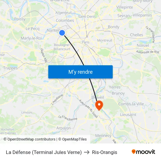 La Défense (Terminal Jules Verne) to Ris-Orangis map