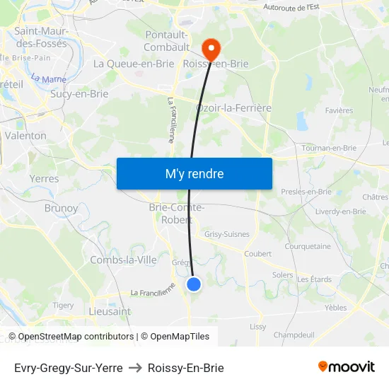 Evry-Gregy-Sur-Yerre to Roissy-En-Brie map