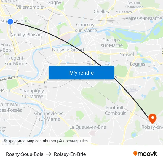 Rosny-Sous-Bois to Roissy-En-Brie map