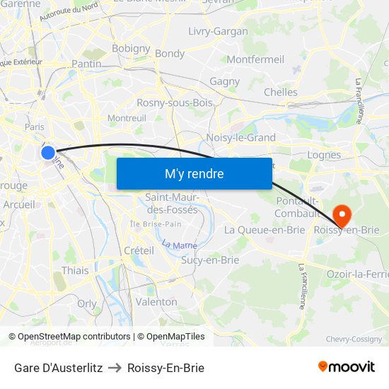 Gare D'Austerlitz to Roissy-En-Brie map