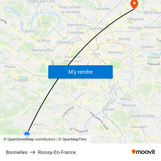 Bonnelles to Roissy-En-France map
