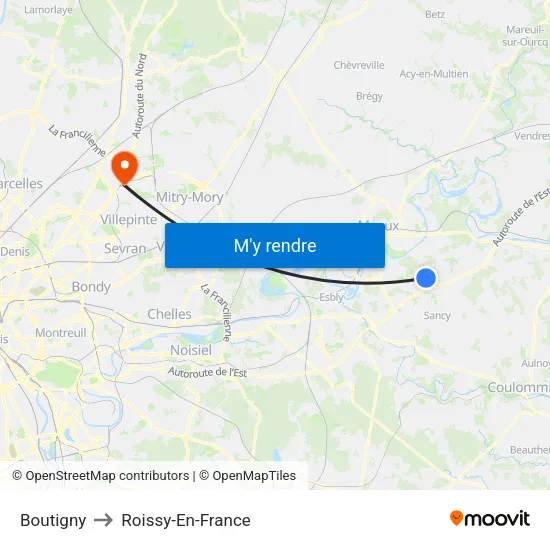 Boutigny to Roissy-En-France map