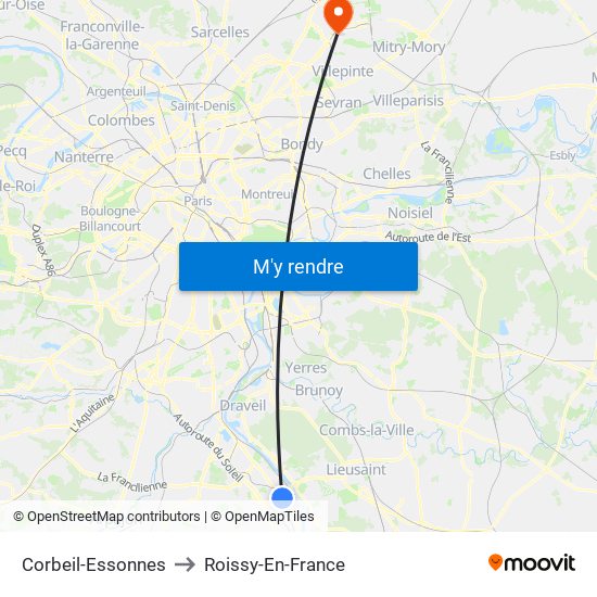 Corbeil-Essonnes to Roissy-En-France map