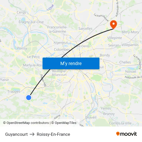 Guyancourt to Roissy-En-France map