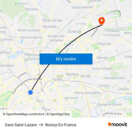 Gare Saint-Lazare to Roissy-En-France map