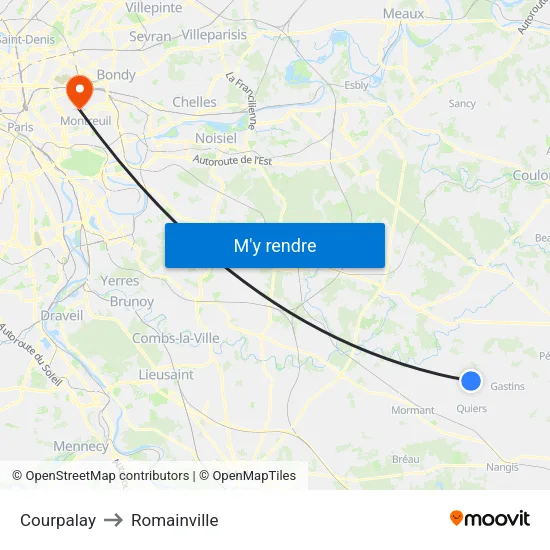 Courpalay to Romainville map
