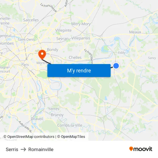 Serris to Romainville map
