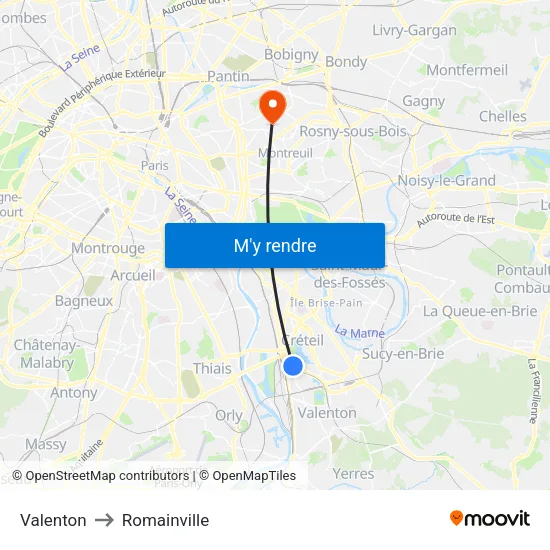 Valenton to Romainville map