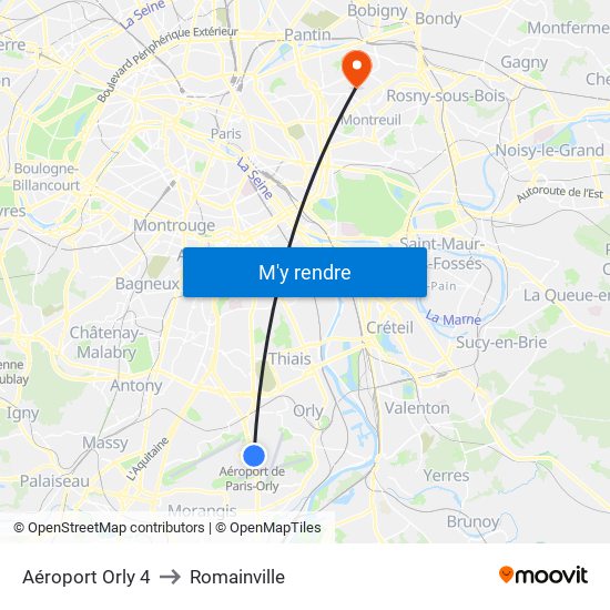 Aéroport Orly 4 to Romainville map