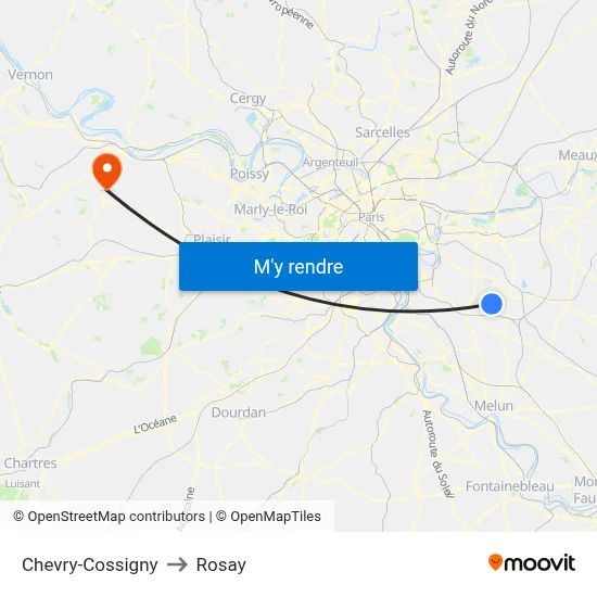Chevry-Cossigny to Rosay map