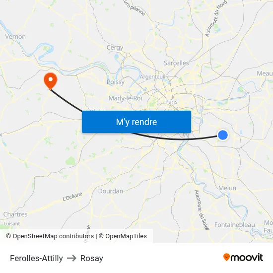 Ferolles-Attilly to Rosay map