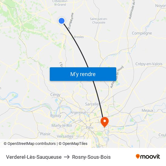 Verderel-Lès-Sauqueuse to Rosny-Sous-Bois map