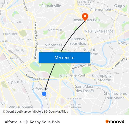 Alfortville to Rosny-Sous-Bois map