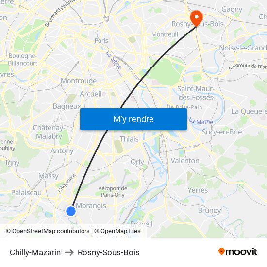 Chilly-Mazarin to Rosny-Sous-Bois map