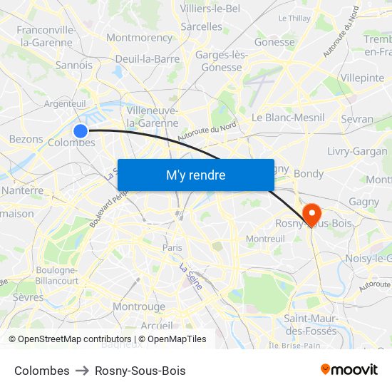 Colombes to Rosny-Sous-Bois map