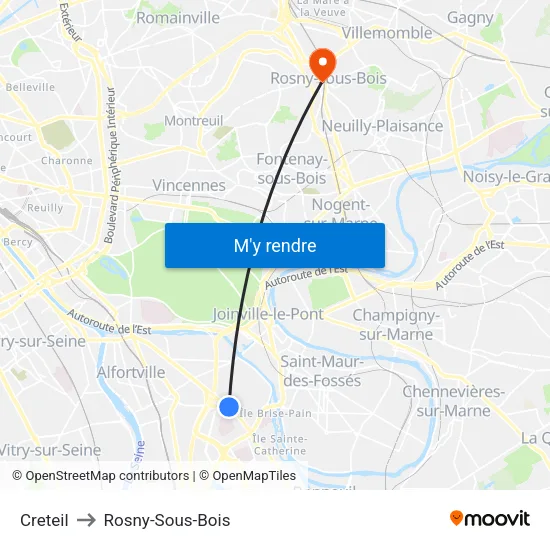 Creteil to Rosny-Sous-Bois map