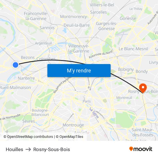 Houilles to Rosny-Sous-Bois map