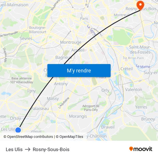 Les Ulis to Rosny-Sous-Bois map