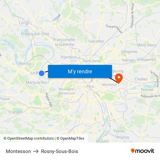 Montesson to Rosny-Sous-Bois map