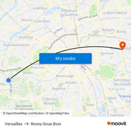 Versailles to Rosny-Sous-Bois map