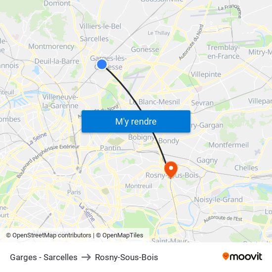 Garges - Sarcelles to Rosny-Sous-Bois map