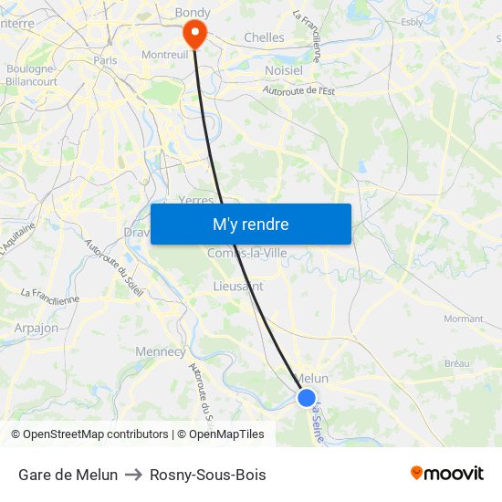 Gare de Melun to Rosny-Sous-Bois map