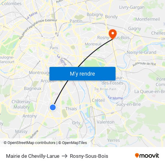 Mairie de Chevilly-Larue to Rosny-Sous-Bois map