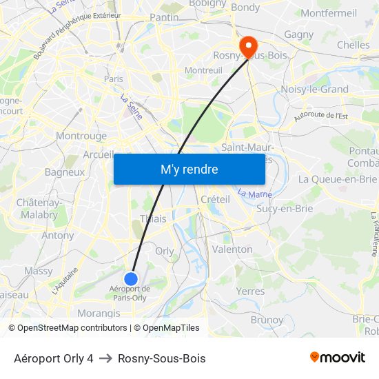 Aéroport Orly 4 to Rosny-Sous-Bois map