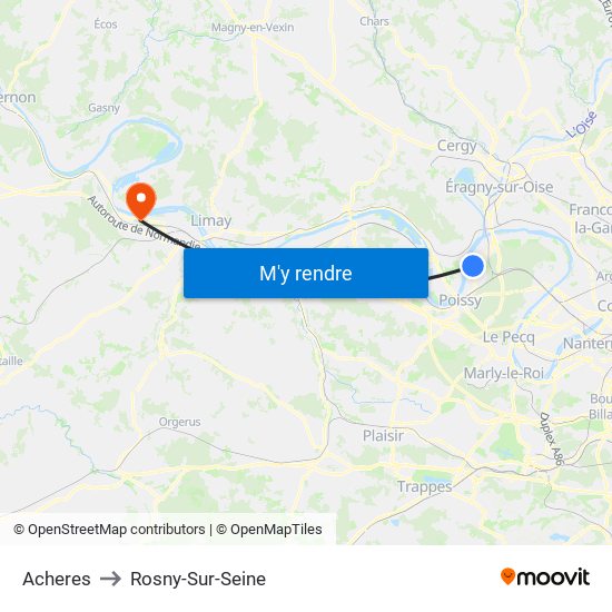 Acheres to Rosny-Sur-Seine map
