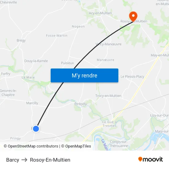 Barcy to Rosoy-En-Multien map