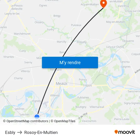 Esbly to Rosoy-En-Multien map