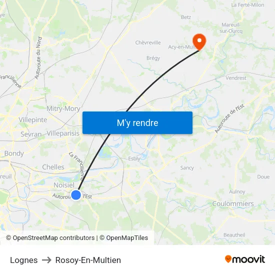 Lognes to Rosoy-En-Multien map
