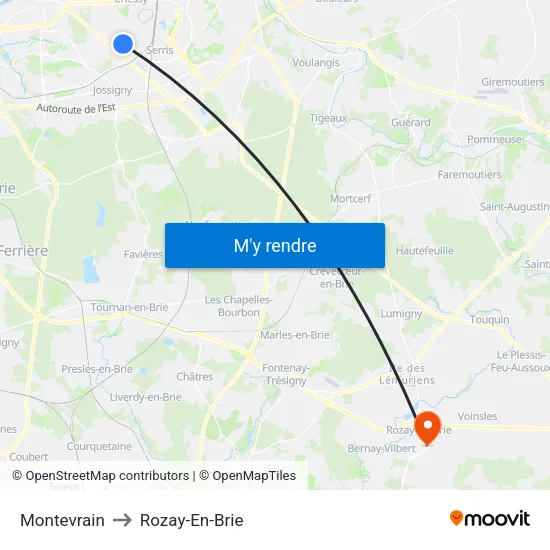 Montevrain to Rozay-En-Brie map