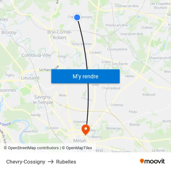 Chevry-Cossigny to Rubelles map