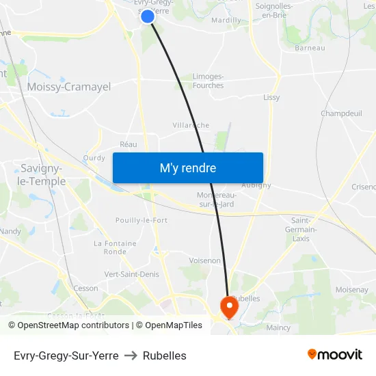 Evry-Gregy-Sur-Yerre to Rubelles map