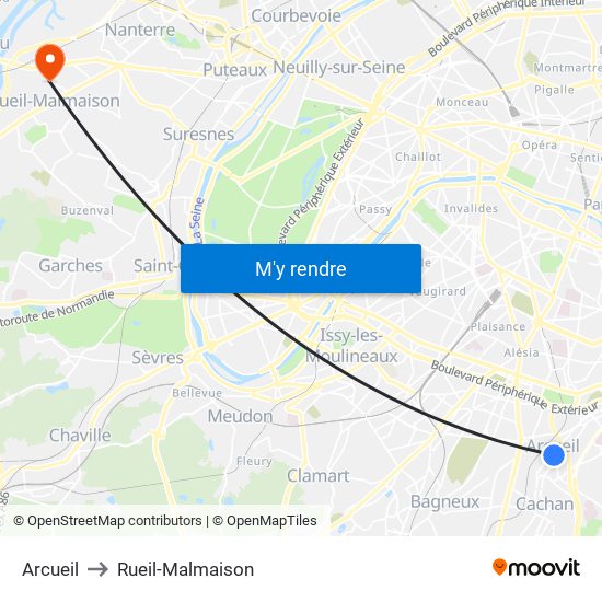 Arcueil to Rueil-Malmaison map
