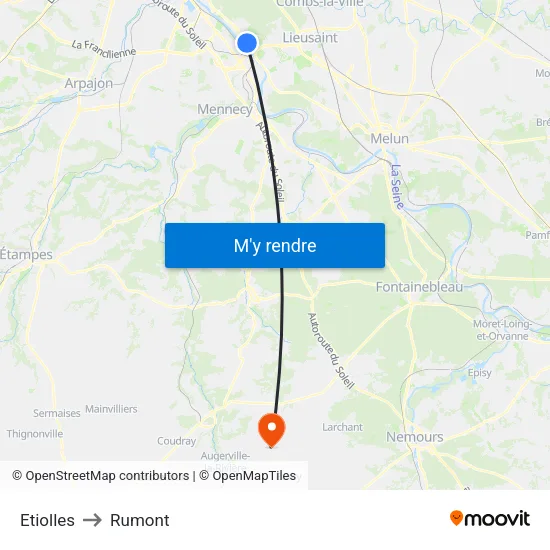 Etiolles to Rumont map