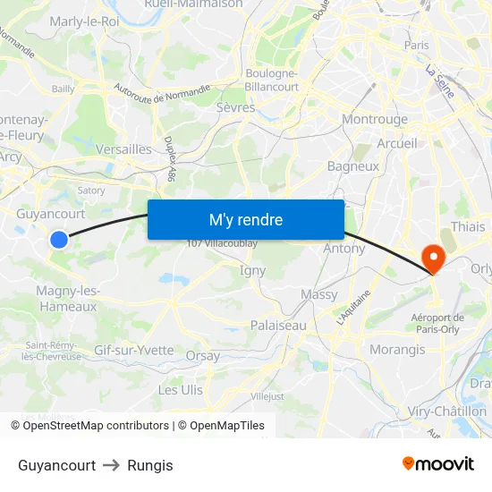 Guyancourt to Rungis map