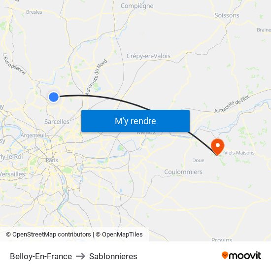 Belloy-En-France to Sablonnieres map