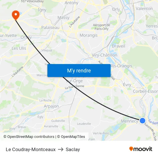 Le Coudray-Montceaux to Saclay map