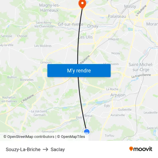 Souzy-La-Briche to Saclay map