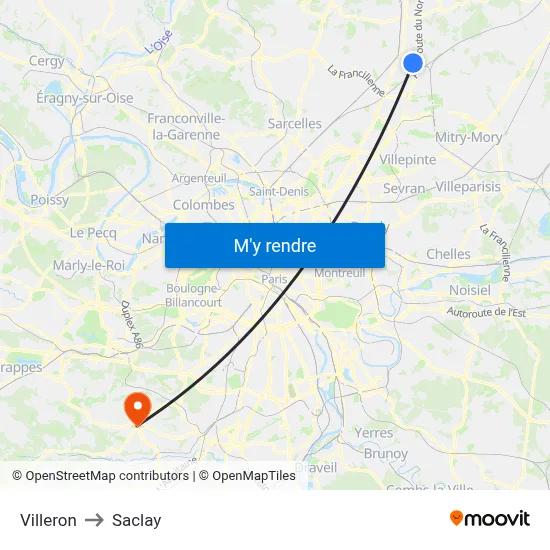 Villeron to Saclay map
