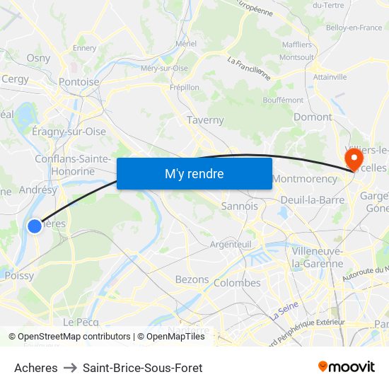 Acheres to Saint-Brice-Sous-Foret map