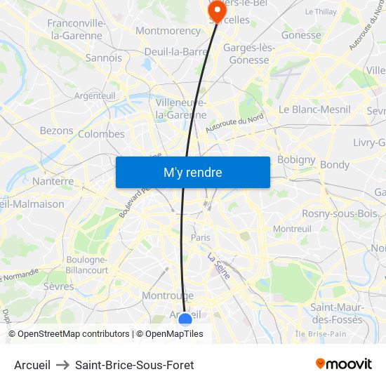 Arcueil to Saint-Brice-Sous-Foret map