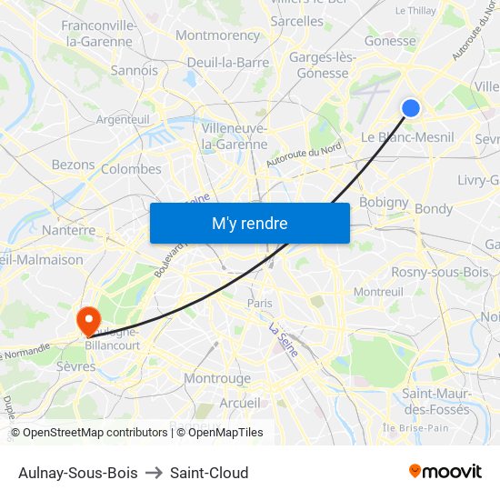 Aulnay-Sous-Bois to Saint-Cloud map