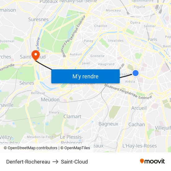 Denfert-Rochereau to Saint-Cloud map