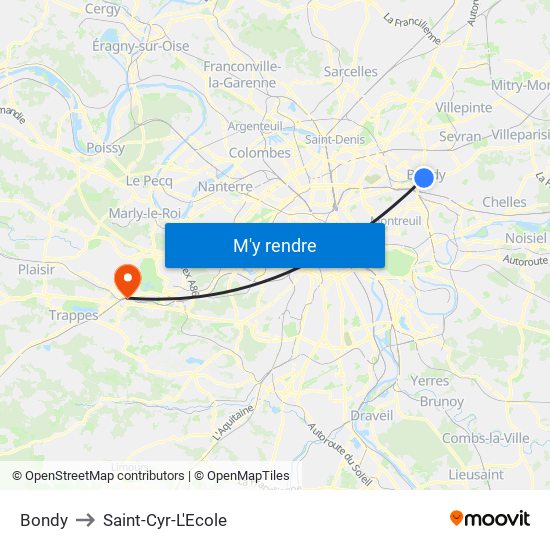 Bondy to Saint-Cyr-L'Ecole map